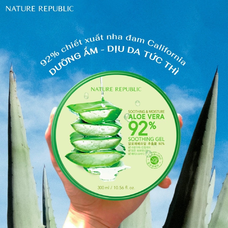 Gel lô hội Soothing &amp; Moisture Aloe Vera 92% Nature Republic 300ml - Gel nha đam đa năng - Amora Skinlab