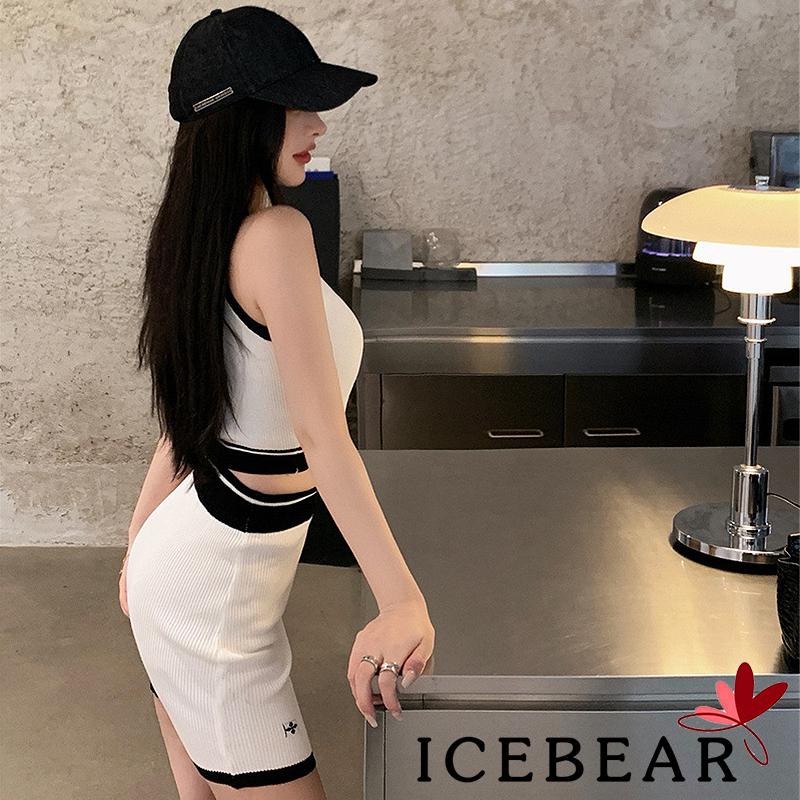 Set Đồ 2 Món Gồm Áo Dệt Kim Không Tay Cổ Chữ U + Chân Váy Ngắn Lưng Cao Màu Sắc Tương Phản Cho Nữ