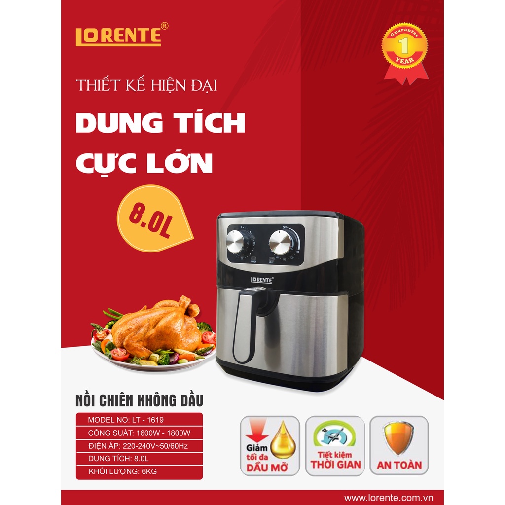 Nồi chiên không dầu 8Lit Lorente LT1619, công suất 1800W, ốp inox, bảo hành 12 tháng chính hãng