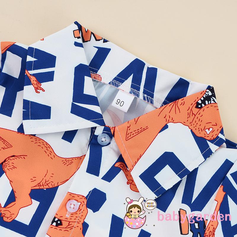 Bộ Áo Sơ Mi Cổ Bẻ In Chữ + Quần Short In Họa Tiết Khủng Long Phối Hàng Nút Thời Trang Mùa Hè Cho Bé Trai 2-7 Tuổi