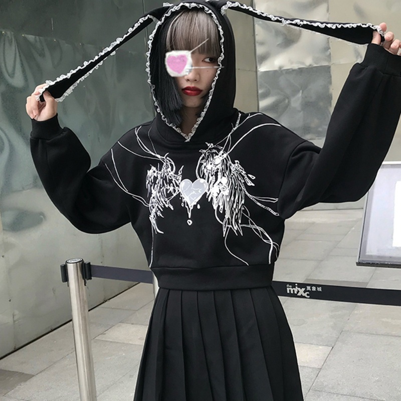 Áo Hoodie Tay Dài Dáng Rộng Phối Tai Thỏ Phong Cách Gothic Punk Dành Cho Nữ | BigBuy360 - bigbuy360.vn