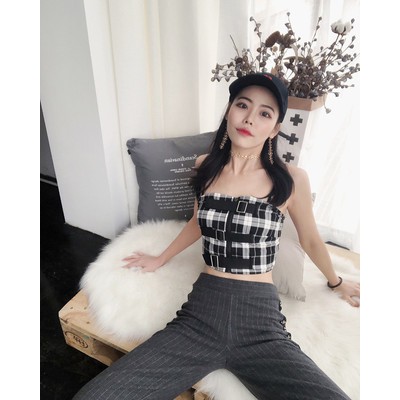 Stylish cotton square stripe pattern ao dai for women ulzzang plaid straps tank top | BigBuy360 - bigbuy360.vn
