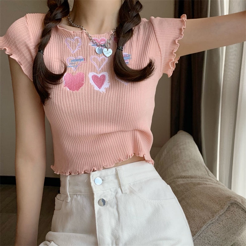 Áo Croptop Dệt Kim Thêu Họa Tiết Thời Trang Mùa Hè Cho Nữ