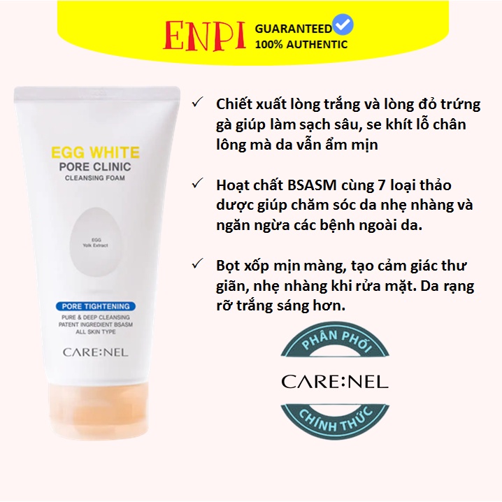 Sữa rửa mặt Trứng làm sạch sâu trắng da Care:Nel Egg White Pore Clinic Cleansing Foam