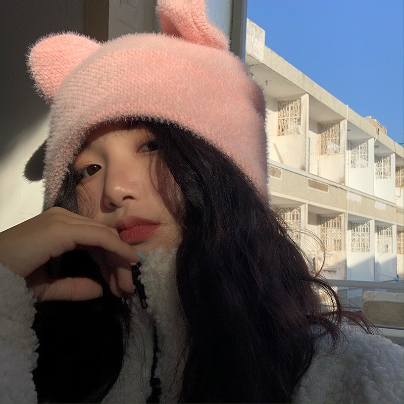 Mũ Len Dệt Kim Đính Tai Thỏ Dễ Thương Thời Trang Mùa Đông Cho Bé Gái