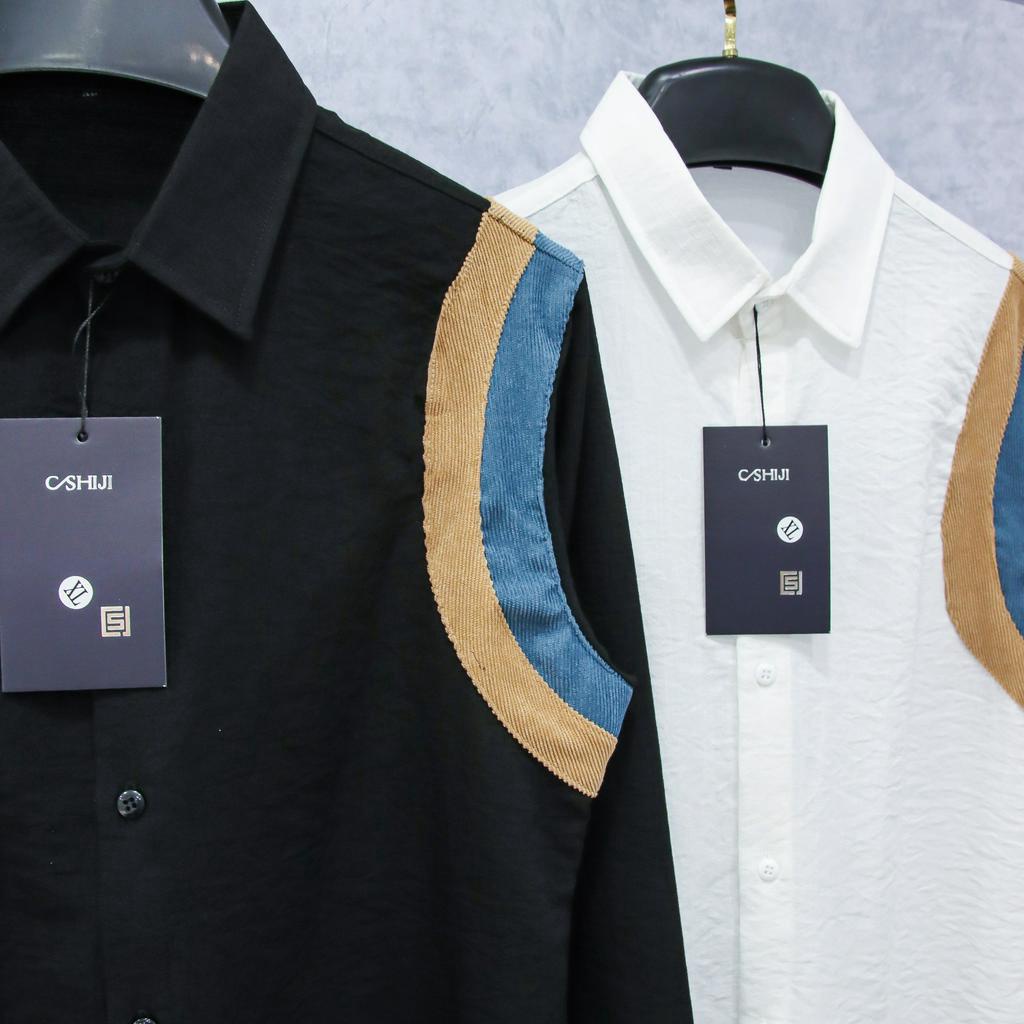 Áo sơ mi nam vãi đũi phối họa tiết bảnh