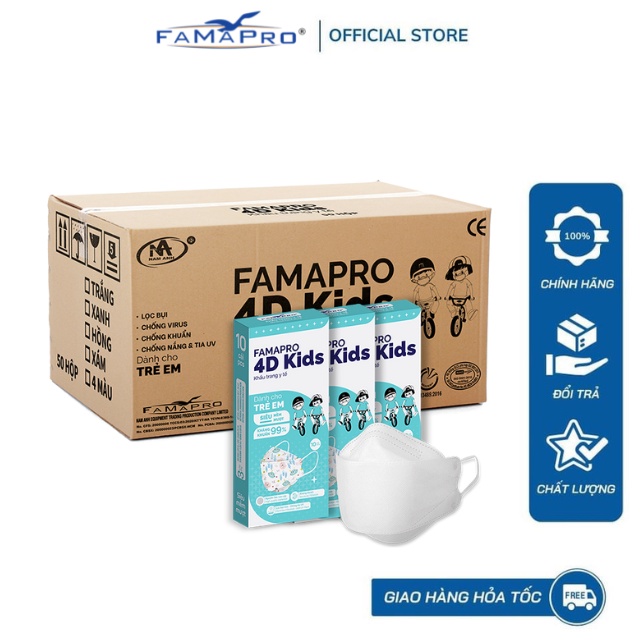 [4D MASK KIDS (KF94)- THÙNG 50 HỘP- HỘP 10 CÁI] Khẩu trang y tế trẻ em cao cấp kháng khuẩn 3 lớp Famapro 4D Kids