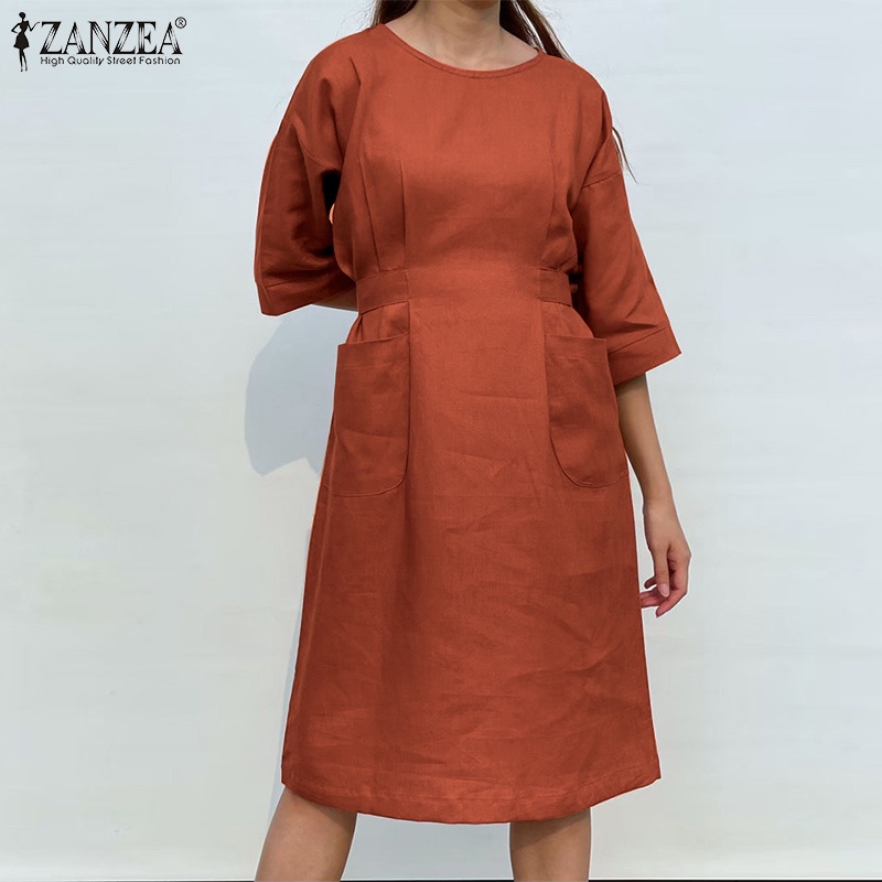 Đầm ZANZEA dáng rộng tay lỡ eo cao phối dây buộc và túi bên hông thời trang cho nữ