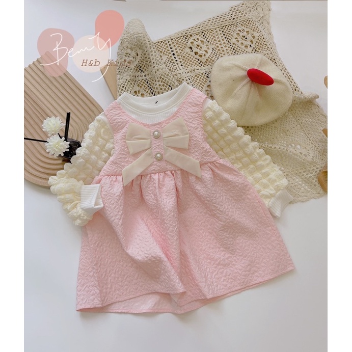 Váy nâu hồng phối tay xốp bé gái hàng shop