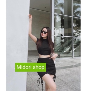 Set đồ nữ áo cổ kín tay ngắn hở lưng cột dây kèm chân váy rút siêu xinh, chất thun co giãn tốt, set áo váy rút body nữ