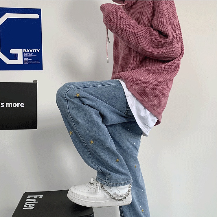 Quần jean dài dáng rộng thêu họa tiết ngôi sao cá tính thời trang dành cho nam
