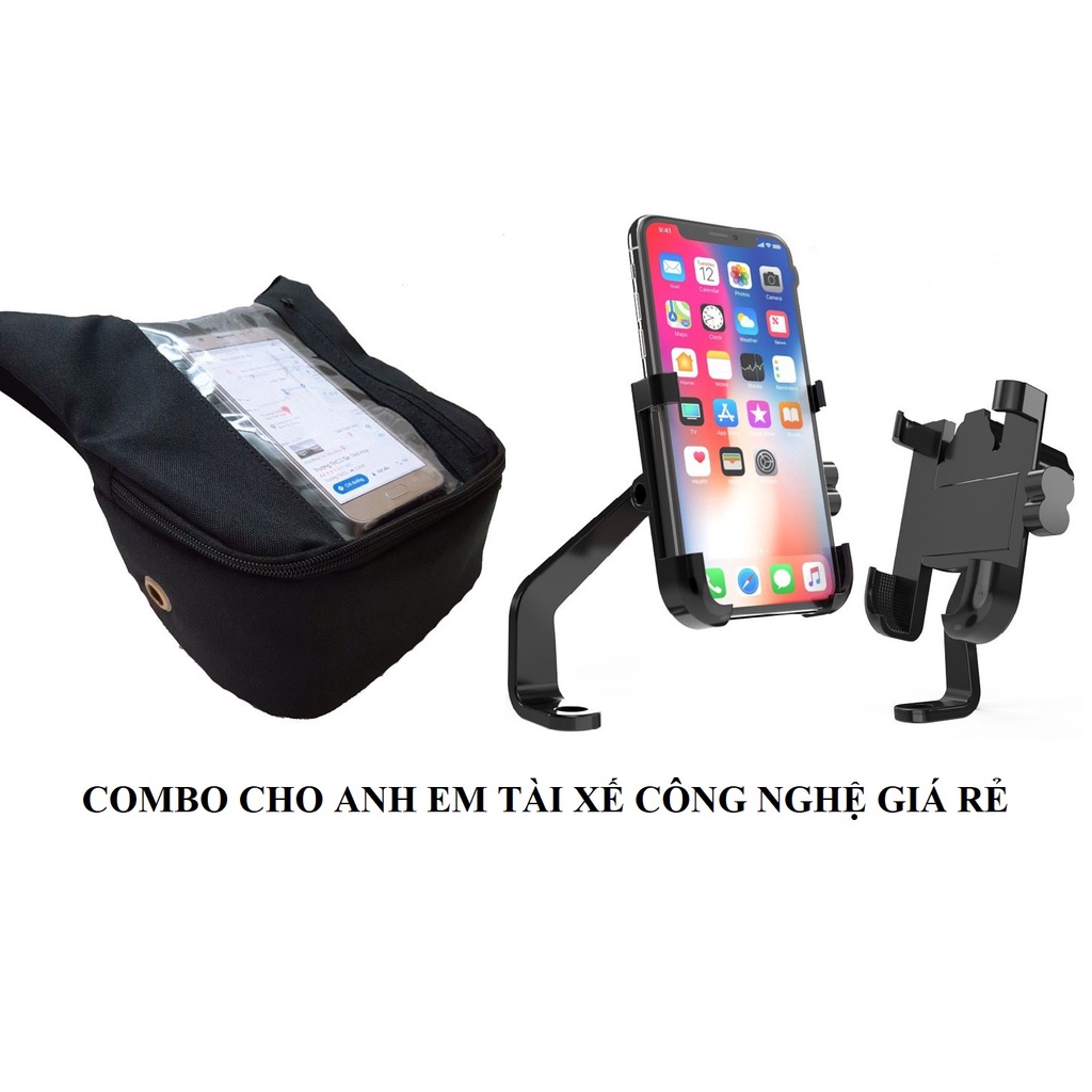 Combo xe ôm công nghệ túi ghi đông dọc, túi treo điện thoại và Giá đỡ điện thoại kim loại C2, giúp bảo vệ điện thoại