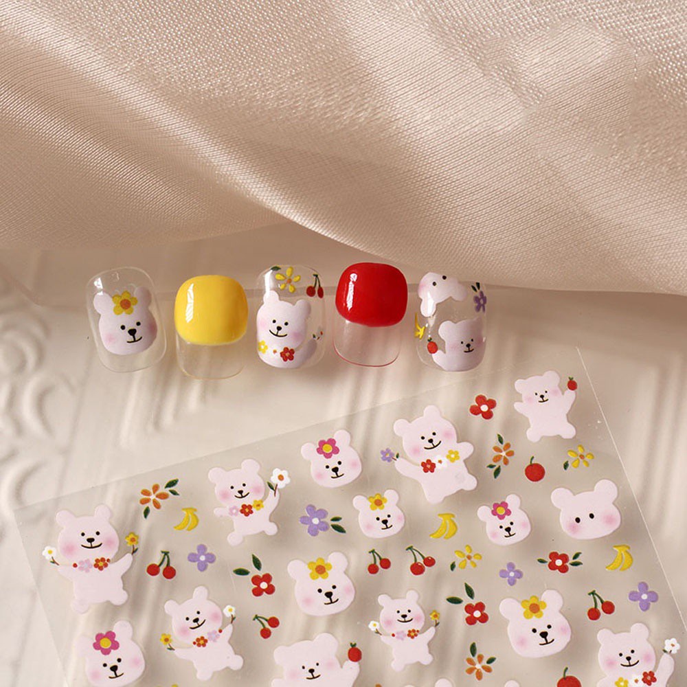 [Hàng mới về] Miếng Dán Trang Trí Móng Tay Họa Tiết Hoa / Gấu Hoạt Hình Dễ Thương Diy