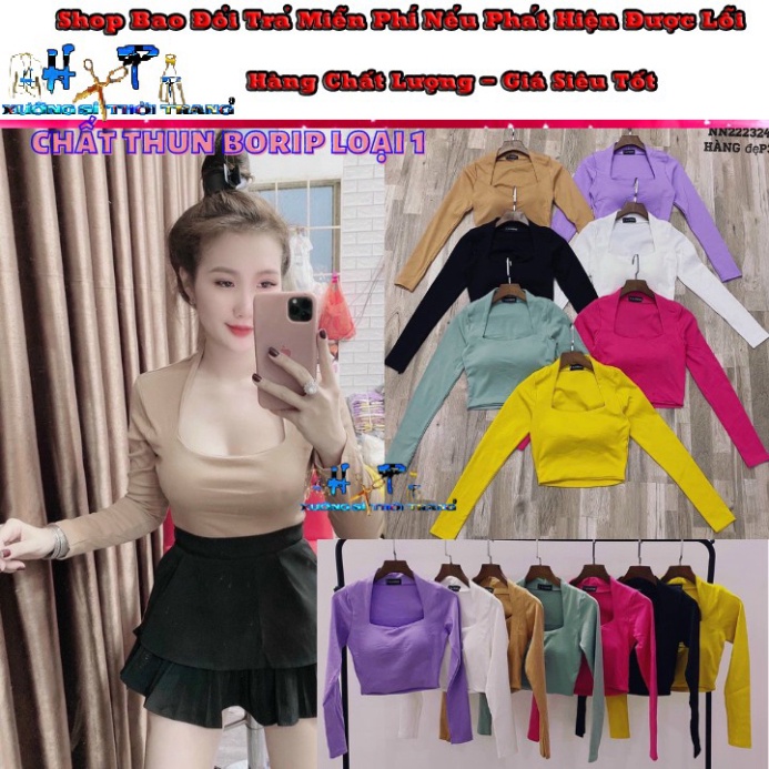 Áo kiểu croptop nữ đẹp ôm body tay dài cổ vuông sexy phong cách hàn quốc cực dễ thương mẫu mới thời trang 2021-A22   -TE
