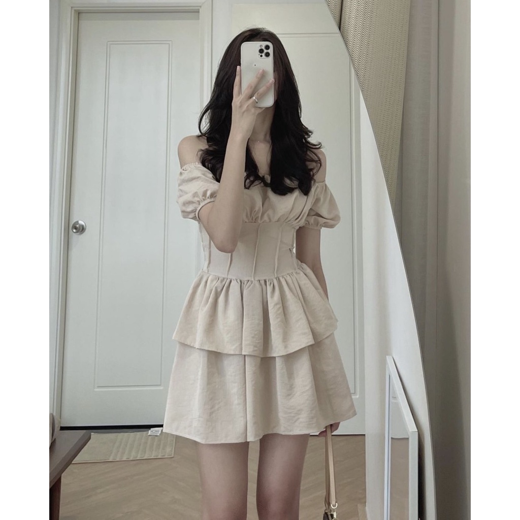 Jumsuit trễ vai tay phồng chít eo hai màu vintage LOVI