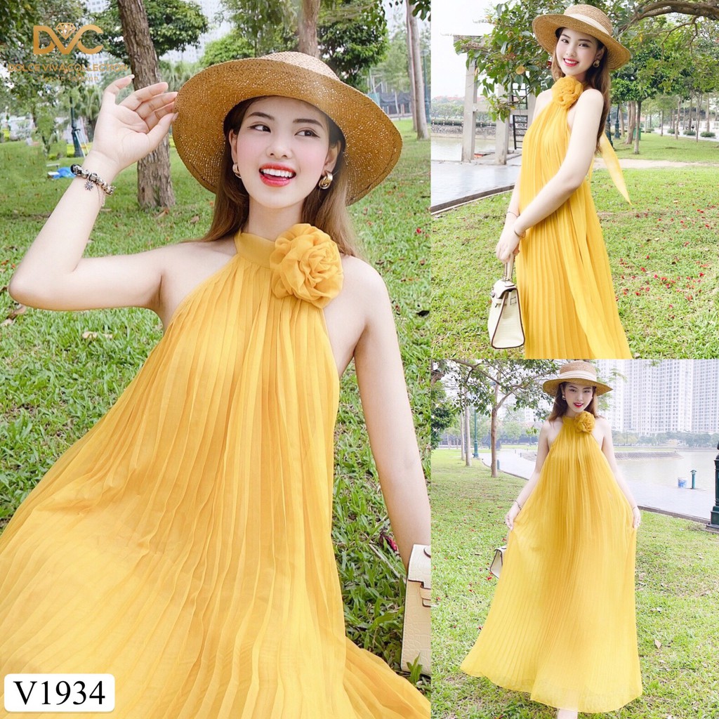 Váy maxi vàng dập li V1934- QUEEN SHOP DOLCE VIVA COLLECTION(ảnh người mẫu+ảnh trải sàn do shop chụp tự chụp)