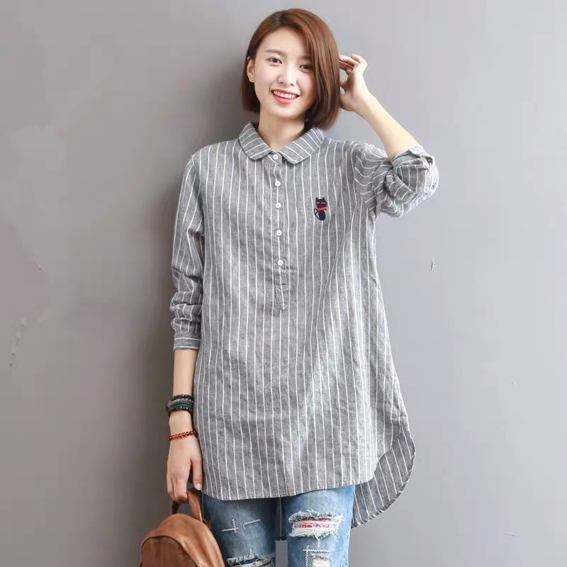 Áo Sơ Mi Cotton Lanh Tay Dài Kẻ Sọc Thêu Nhãn Cắt Đuôi Thương Hiệu Xuất Khẩu Từ Nhật Bản Cho Nữ
