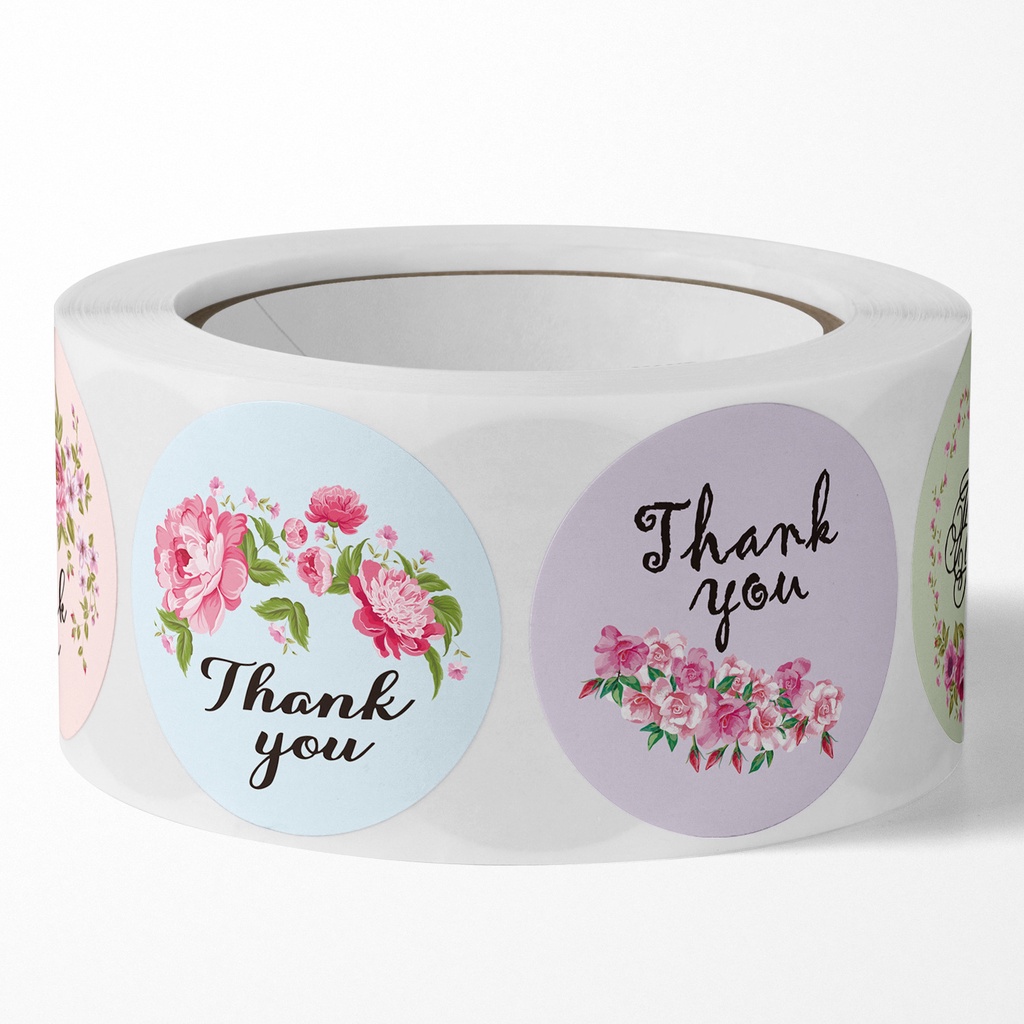 Cuộn 500 tem dán Sticker mix 8 mẫu hoa  - Tem cảm ơn mix 8 kiểu hoa
