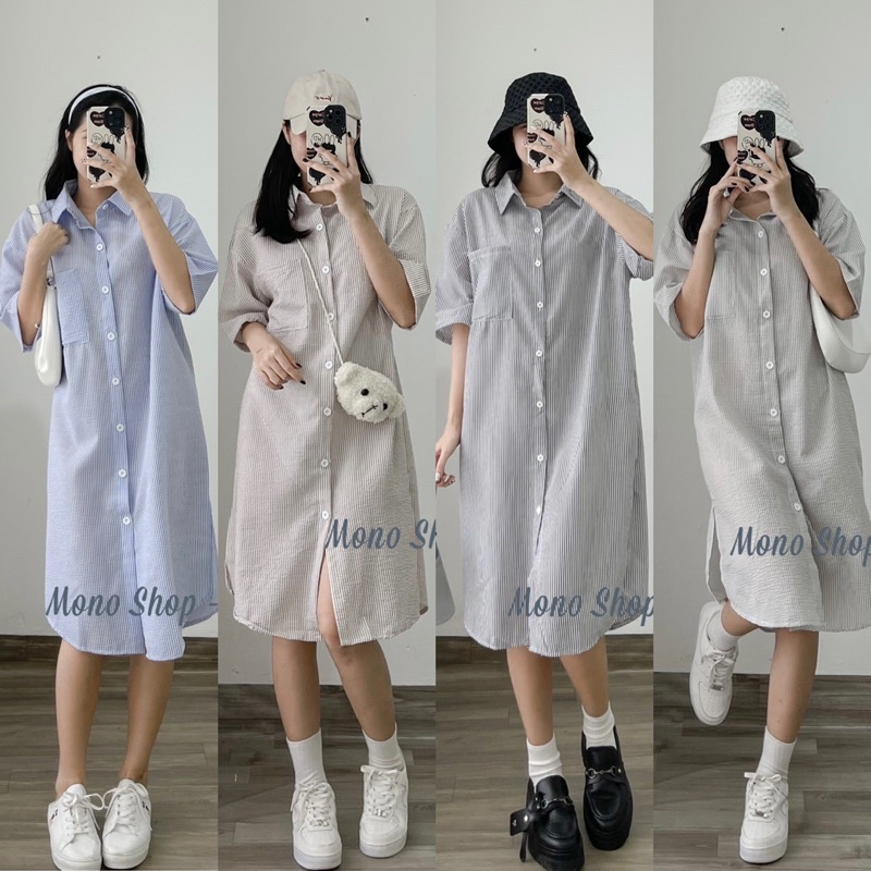 Váy sơ mi kẻ sọc dọc xẻ bên cài nút trắng 1 túi Ảnh thật/ sẵn