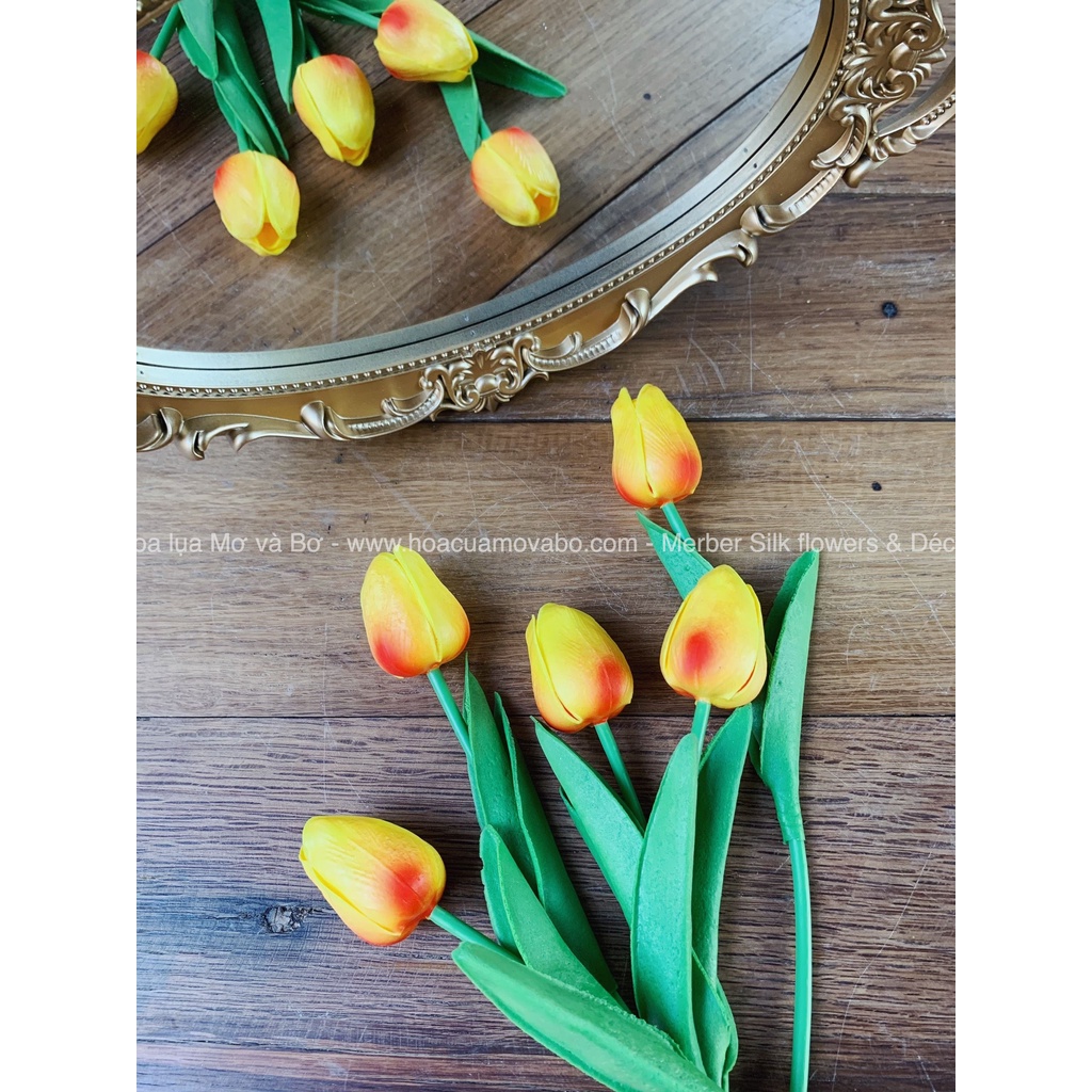 Hoa Lụa Tulip Lá Thẳng Nhiều Màu Merber (Mơ & Bơ) BôngTulip Giả Cao Cấp Decor Trang Trí Trong Nhà, Phòng Khách, Để Bàn