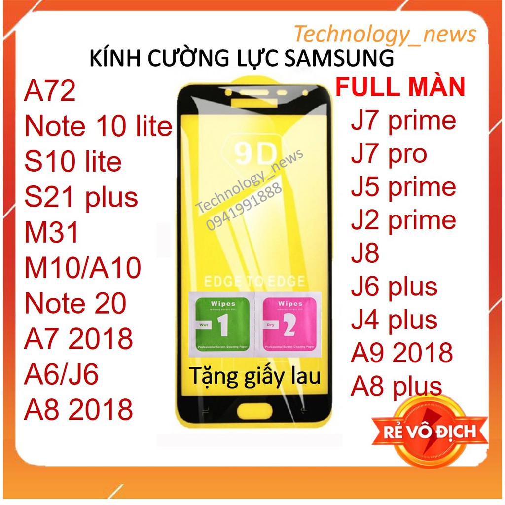 Kính cường lực Samsung Full màn cho A72,Note 10 lite,S10 lite,J6 plus,J4 plus,A8,A6,J6,A7,A9,J8,J7 prime,J7 pro,J5prime