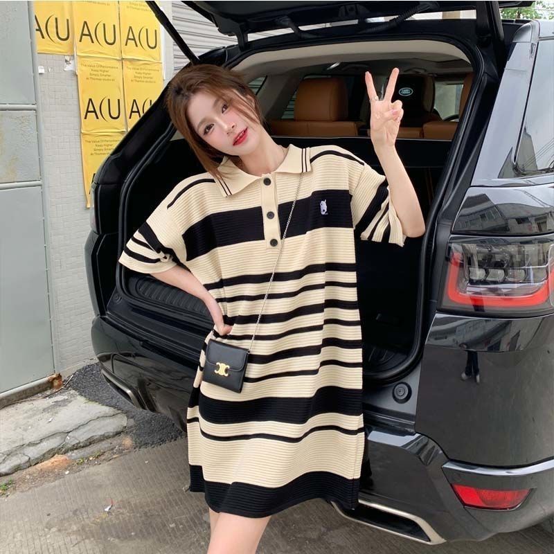 COZOK Đầm polo Dệt Kim Tay Ngắn Kẻ Sọc Thời Trang