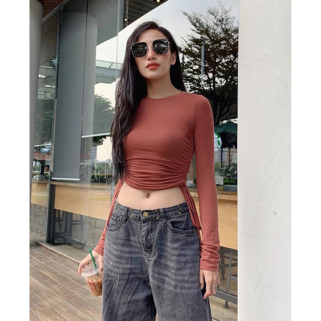 [Kisserine] Áo thun tay dài rút 2 bên BASIC TOP