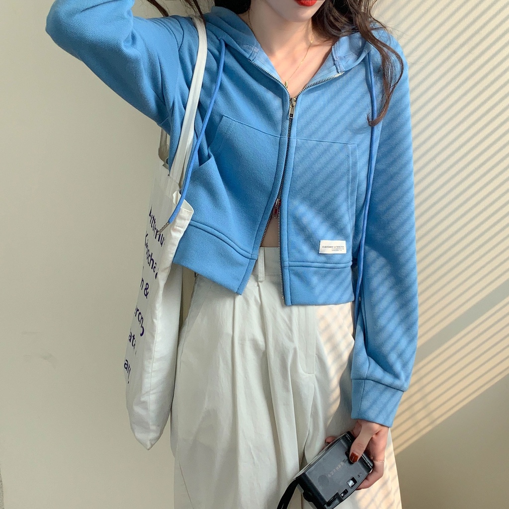 Áo khoác nỉ nữ chất đẹp 2022, áo khoác cardigan hoodie zip tay dài croptop màu hồng, xám, xanh