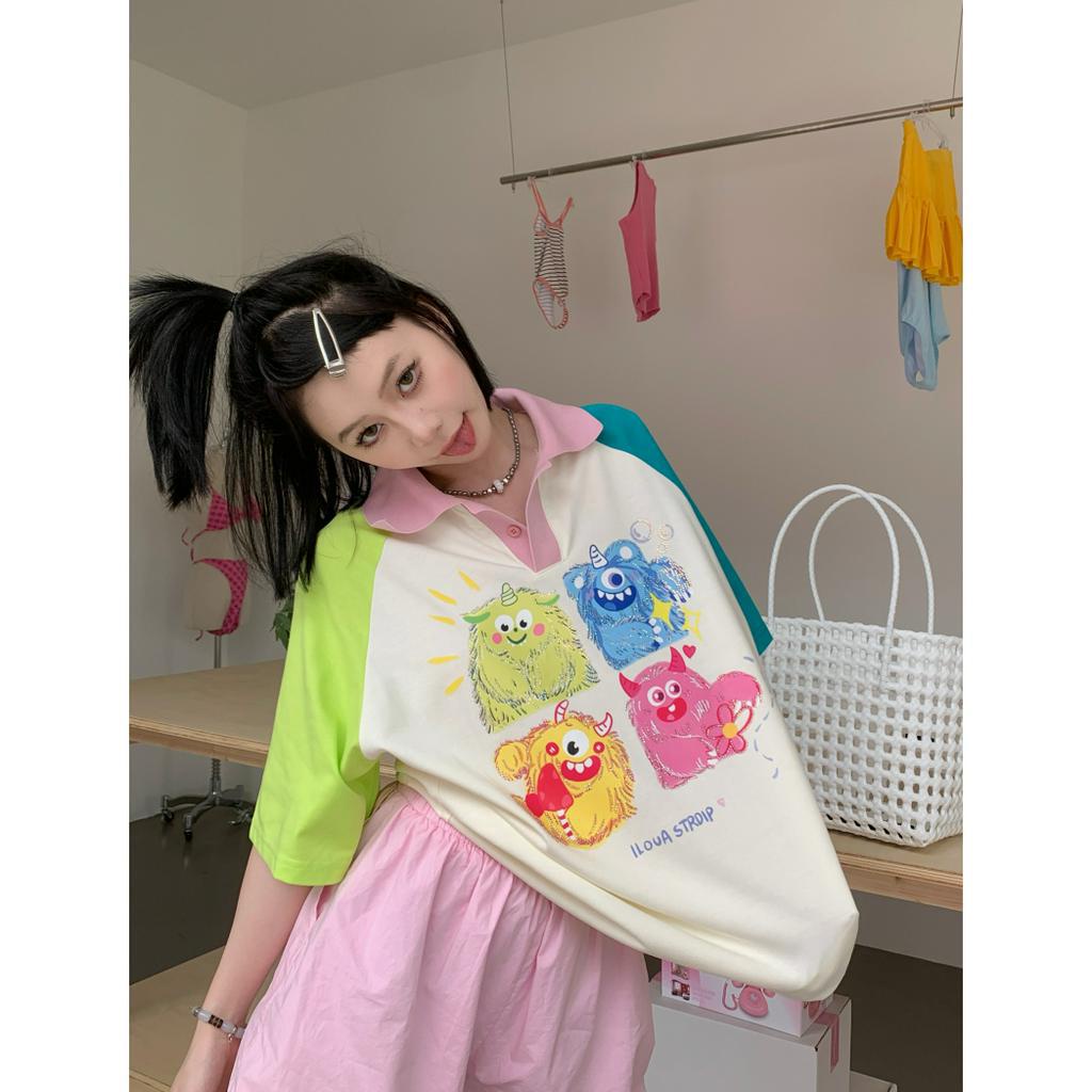 「 WELOVE1 」Áo Thun Cotton Tay Ngắn Raglan In Họa Tiết Hoạt Hình Màu Tương Phản Đa Năng Cho Nữ