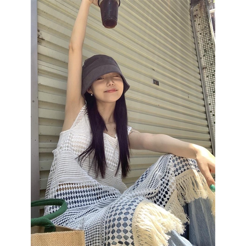 Đầm Dài Dạng Áo Hai Dây Phối Ren Thiết Kế Rỗng Màu Trắng Mặc Ngoài Mùa Hè Dành Cho Nữ