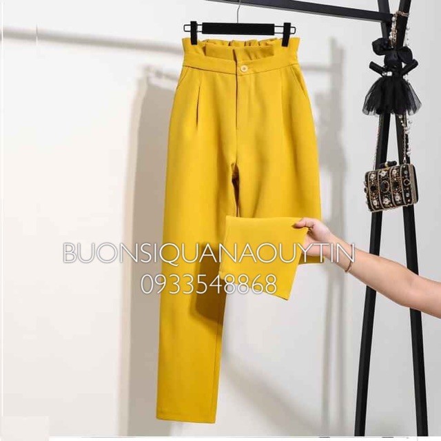 Quần baggy cạp cao,Quần tây nữ công sở lưng cao nhún eo - vàng,đen,kem