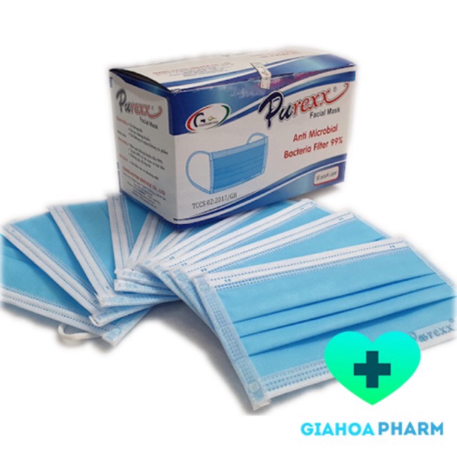 Khẩu trang y tế dày mịn 4 lớp Purexx màu xanh - Vải kháng khuẩn không dệt, không bị xù lông, chống khói bụi, vi khuẩn