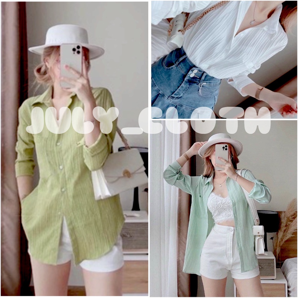 Áo Sơ Mi Nữ Dài Tay Viền Nổi Sang Chảnh☘ Áo Somi Nữ Trùm Mông Chất Đũi Gân 3 Màu FREESIZE ☘