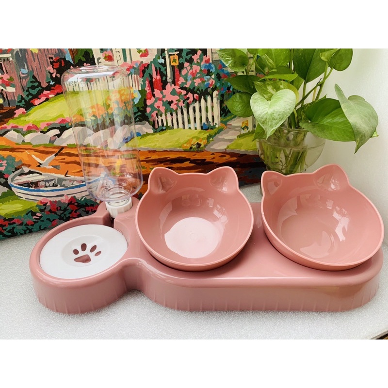 Bát ăn cho mèo bát ăn đôi kèm bình nước 500ml