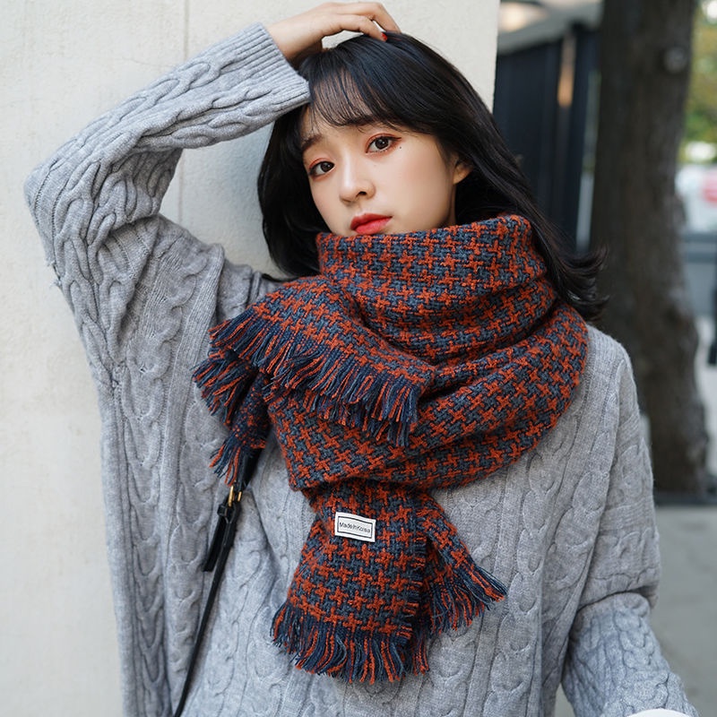Khăn choàng len cashmere dày dặn giữ ấm họa tiết sọc caro phong cách Hàn quốc