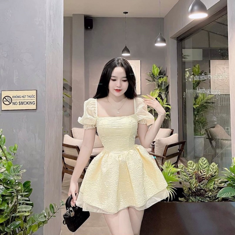 Váy chun vai tay bồng xốp phối tơ