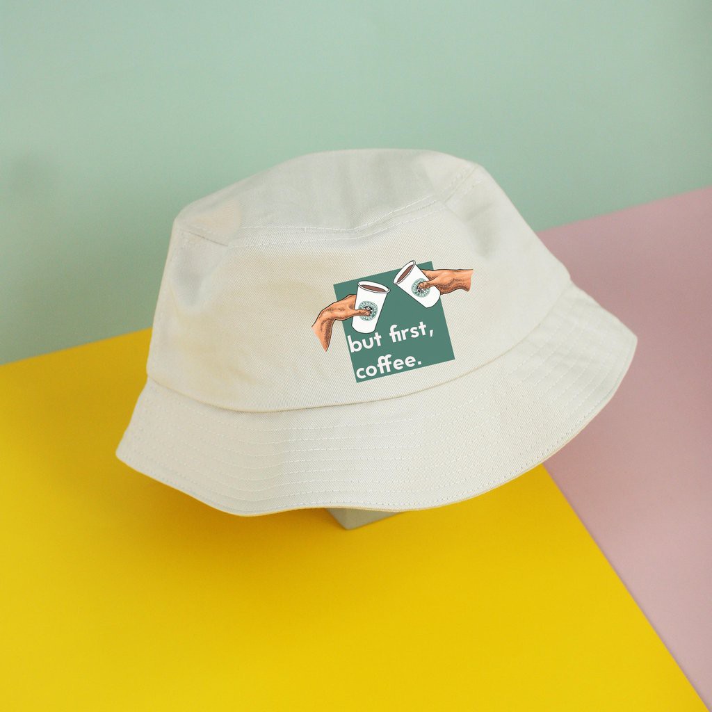 Nón bucket siêu xinh của chodole loại mũ unisex cho nam và nữ in hình độc đáo but first coffee