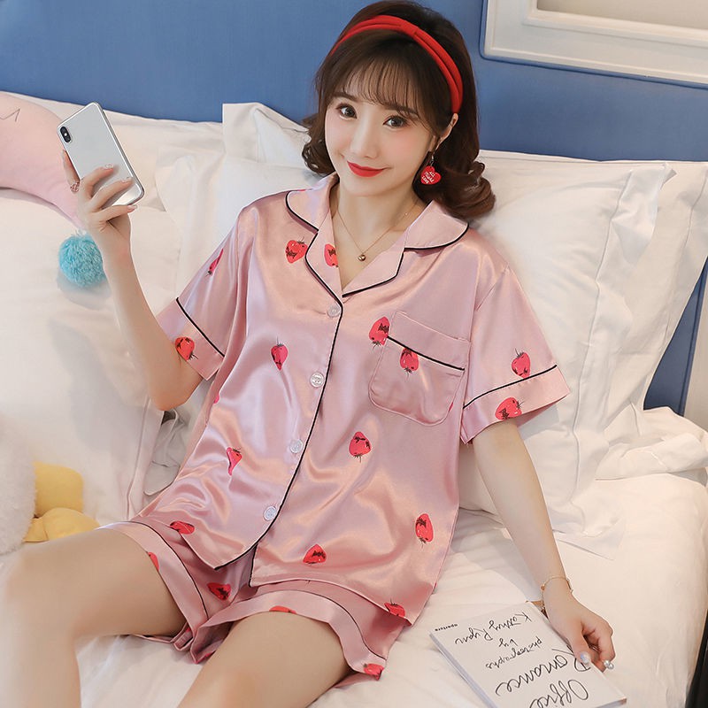 Arctic Velvet Pyjama Female Spring / Summer Ice Silk Quần đùi ngắn tay Lụa tơ tằm giả Bộ đồ mặc nhà cho học sinh hai