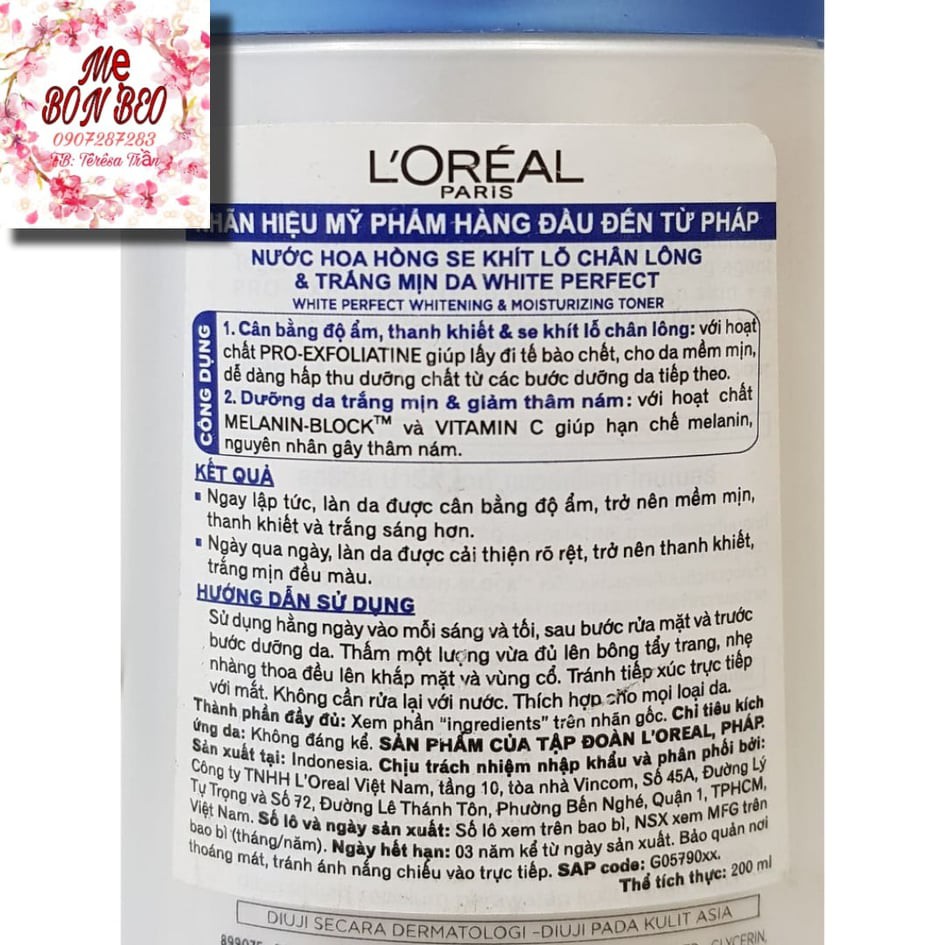 Nước hoa hồng Loreal white perfect sáng da ,mờ vết thâm 200ml