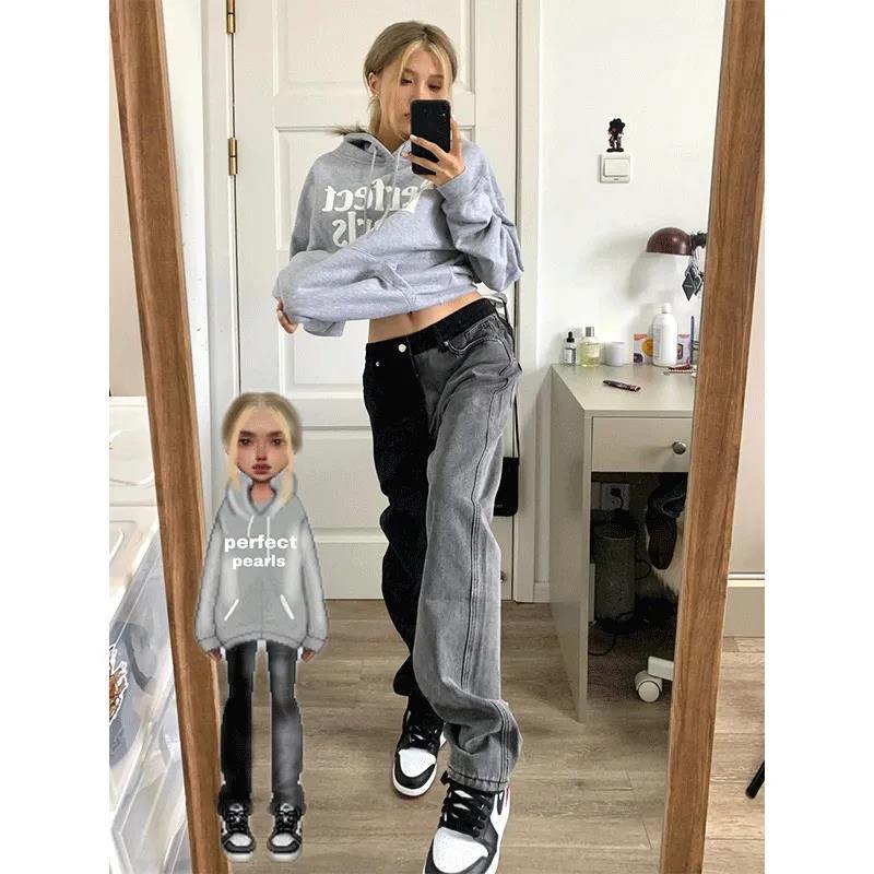 American Style European and American style fried street high waist straight loose slimming color matching smoky gray jeans women's autumn and winter trousers ins fashion ccHD
