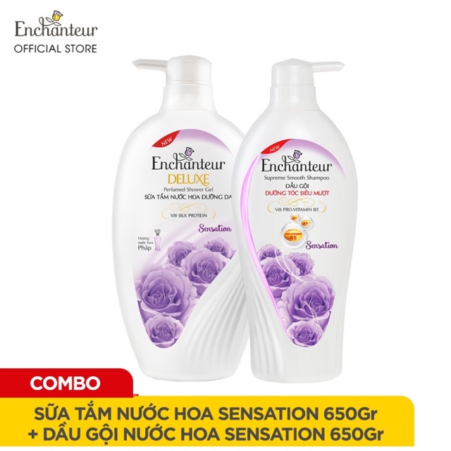 Combo dầu gội và sữa tắm Enchanteur sensation hương nước hoa 650g /1 chai ( mầu tím )