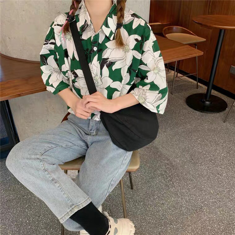 SƠ MI LOANG HOA XANH LÁ - SƠ MI HOA XANH TRẮNG ULZZANG