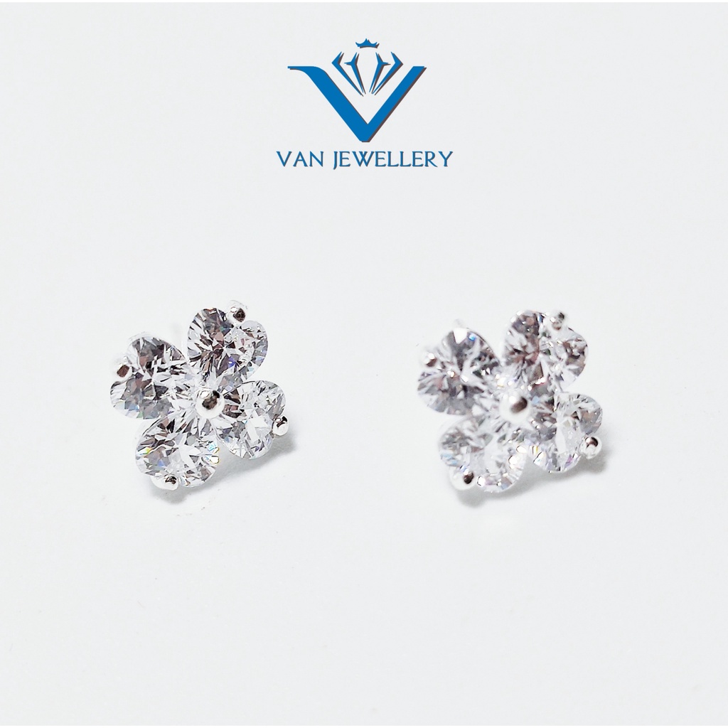 Khuyên tai bạc khuyen tai cỏ 4 lá nạm đá sáng lấp lánh Van Jewelry V10042