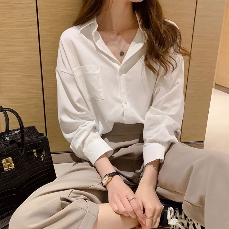 Áo sơ mi trơn túi bên form rộng phong cách Ulzzang