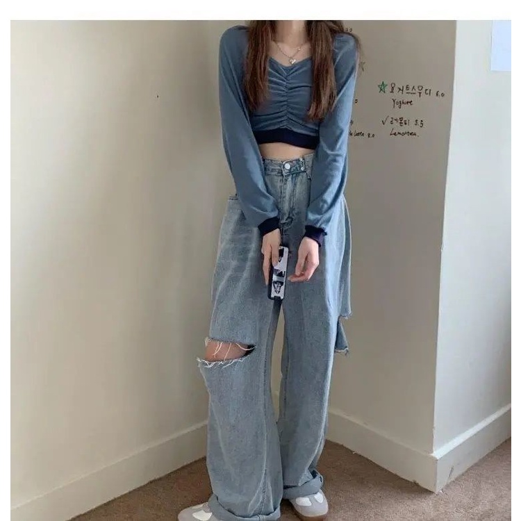 Áo Thun Tay Dài Cổ Chữ V Dễ Phối Đồ Thời Trang Phong Cách Hàn Quốc Cho Nữ 2022