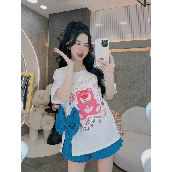 SET ÁO PHÔNG XẺ TÀ ĐÍNH NƠ KÈM QUẦN ĐÙI XỐP KIM CƯƠNG HOTTREN