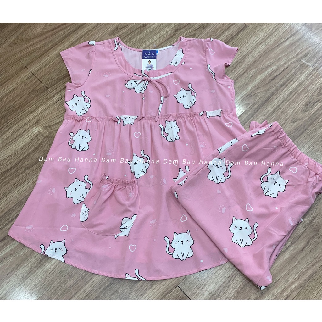 [HANNA] Đồ bộ bầu free size 40-70kg quần lửng mặc ở nhà vải lụa mango cao cấp thoáng mát không nhăn có thun điều chỉnh