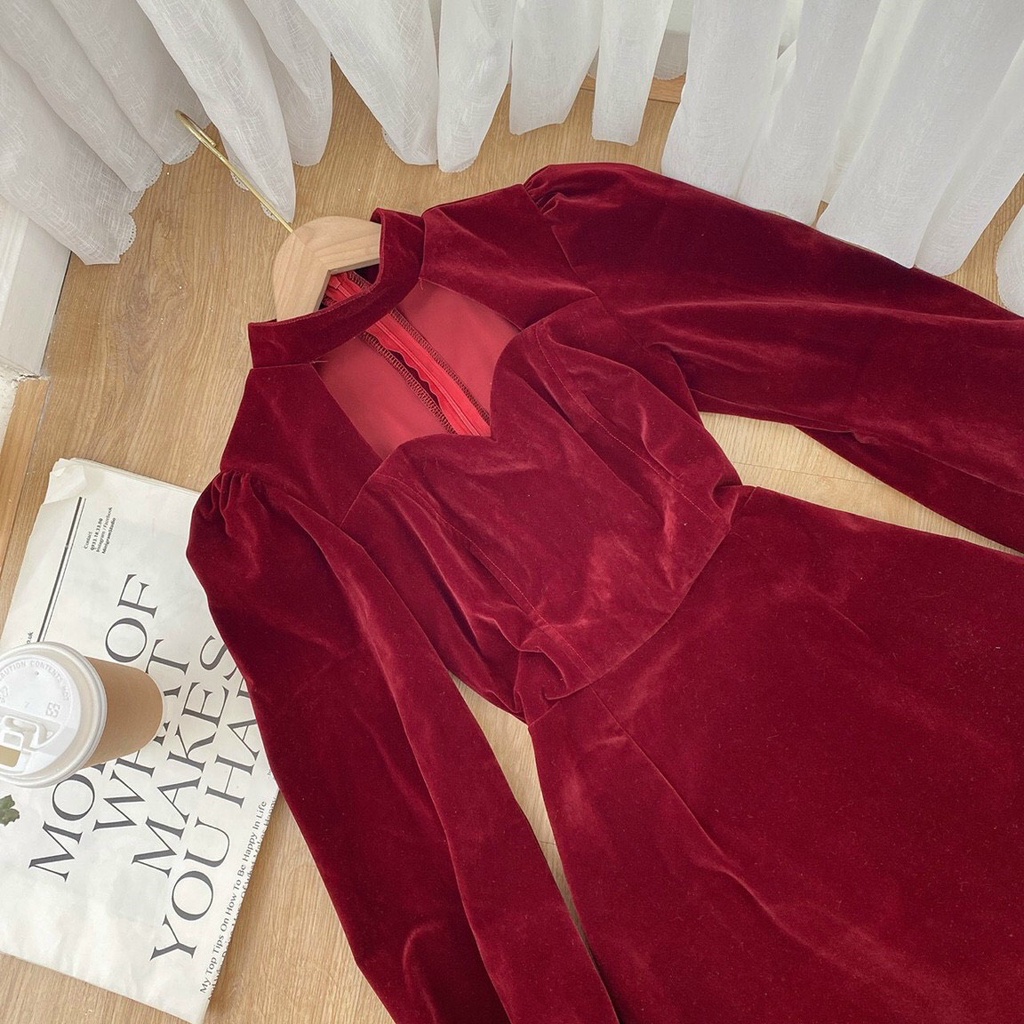 Váy Nhung Nữ Đỏ Đầm Chocker Cổ Tay Bồng Hở Ngực Tôn Dáng Sang Chảnh. | BigBuy360 - bigbuy360.vn