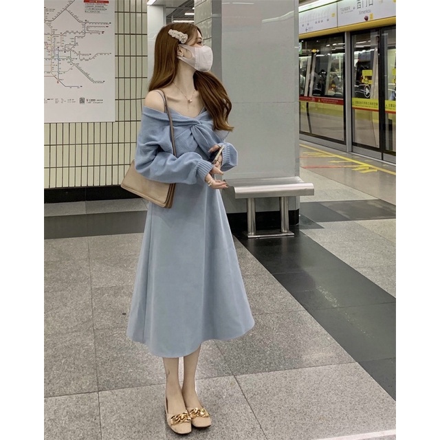 Aome - Set váy hai dây dài cùng áo len lửng 2 màu