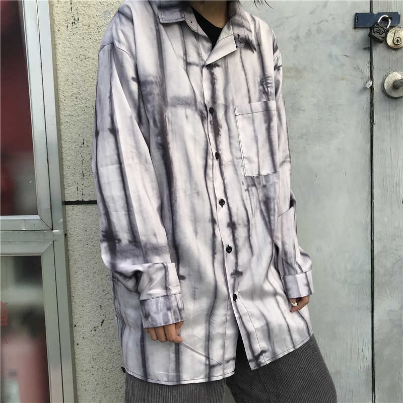 [Miễn Phí Vận Chuyển] Áo Sơ Mi Dài Tay 229609Áo Sơ Mi Dáng Rộng In Màu Nhuộm Kiểu Harajuku Cá Tính